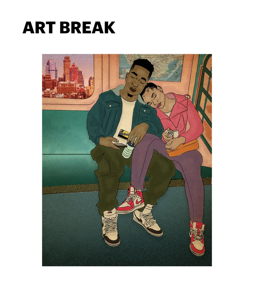 Full-size illustration of man and woman cuddling on NYC subway with cityskape in window in background