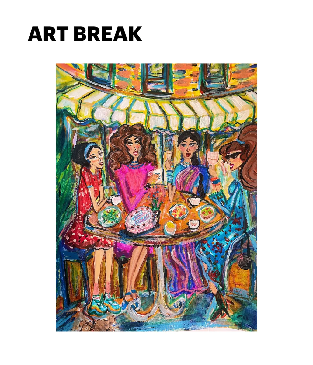 Illustration of four women sitting at outdoor table in city