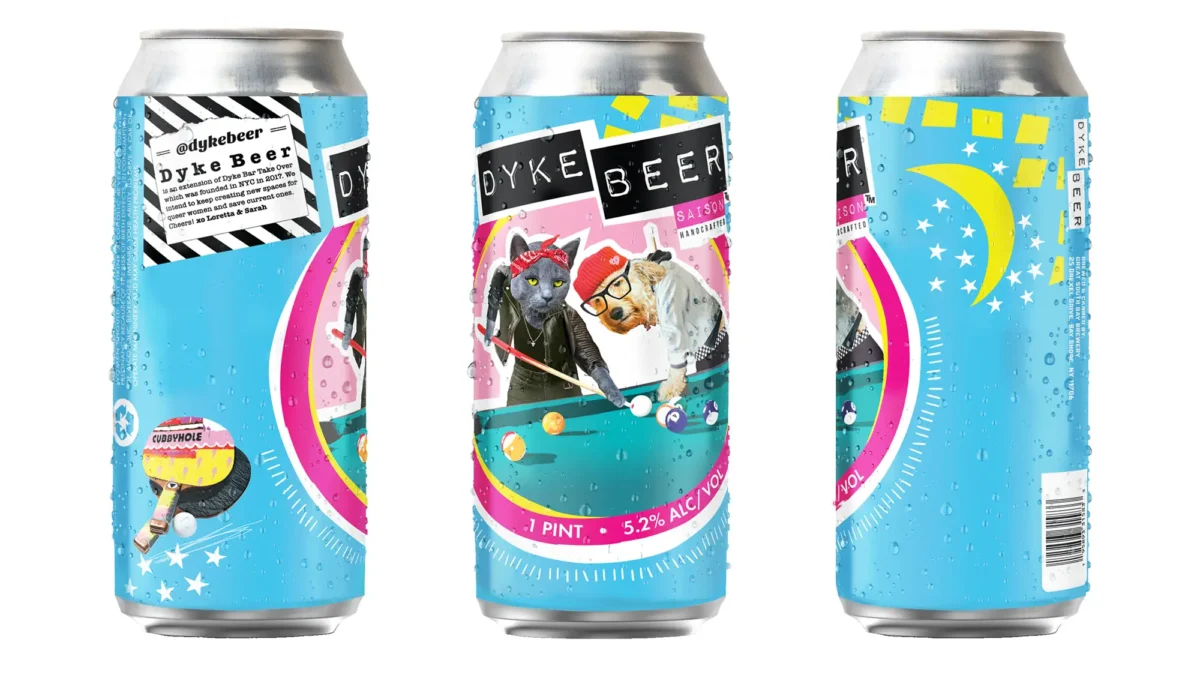 Three Dyke Beer cans with bright colored designs