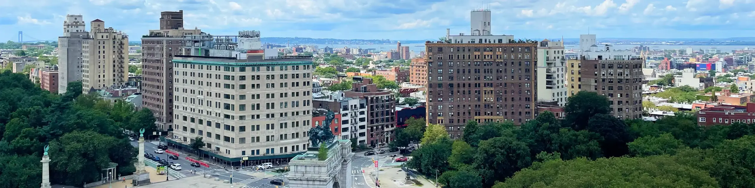 Prospect Heights Brooklyn wide angle of buildings surrounding Grand Army Plaza Arch