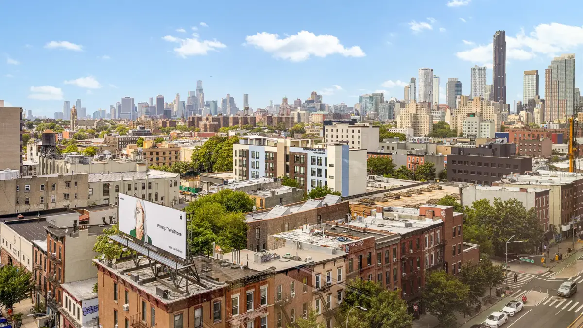 Aerial view of Brooklyn and skyline in background