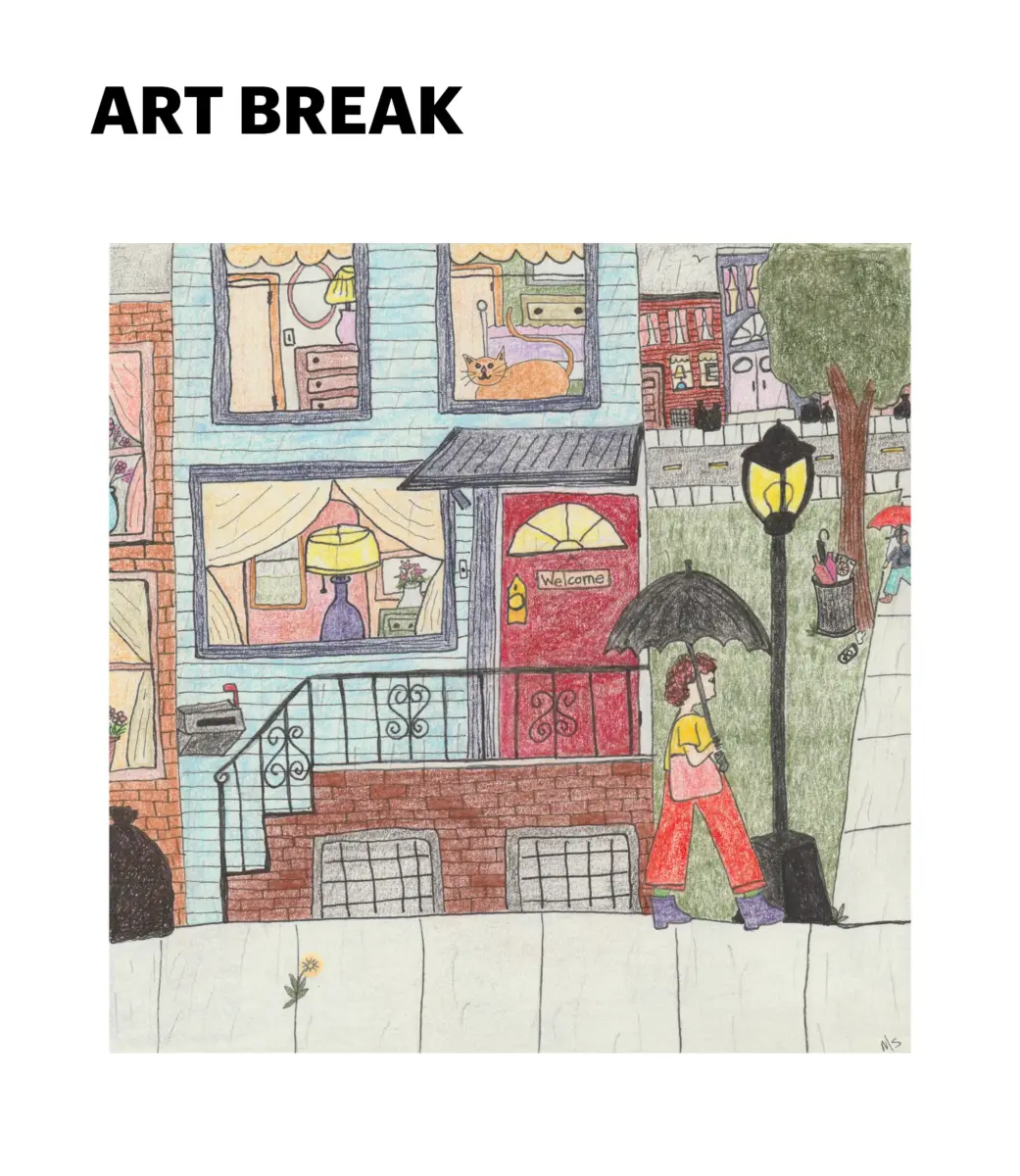 Drawing of red-headed female walking by Brooklyn brownstone with visible life in its windows