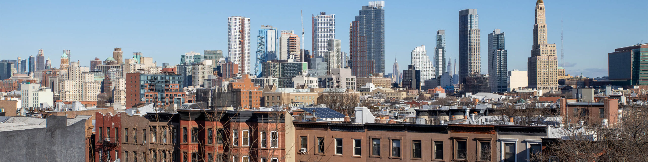 Top of Brooklyn brownstone buildings with Brooklyn skyline in background