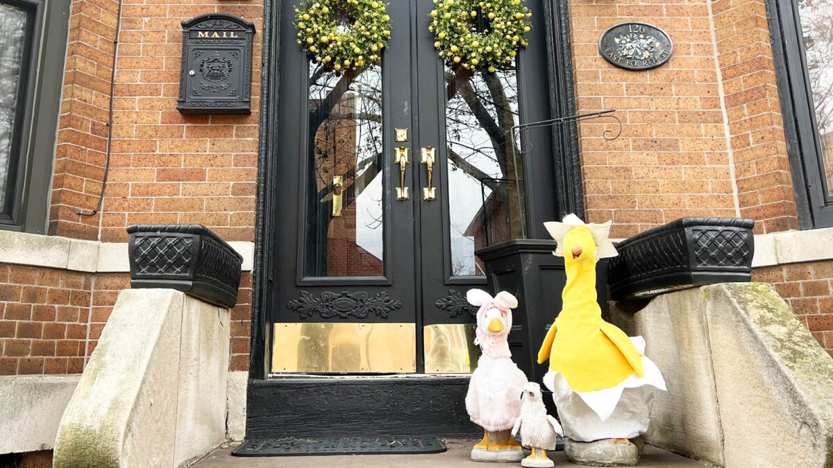 Brooklyn stoop with Easter bunny and chick decorations