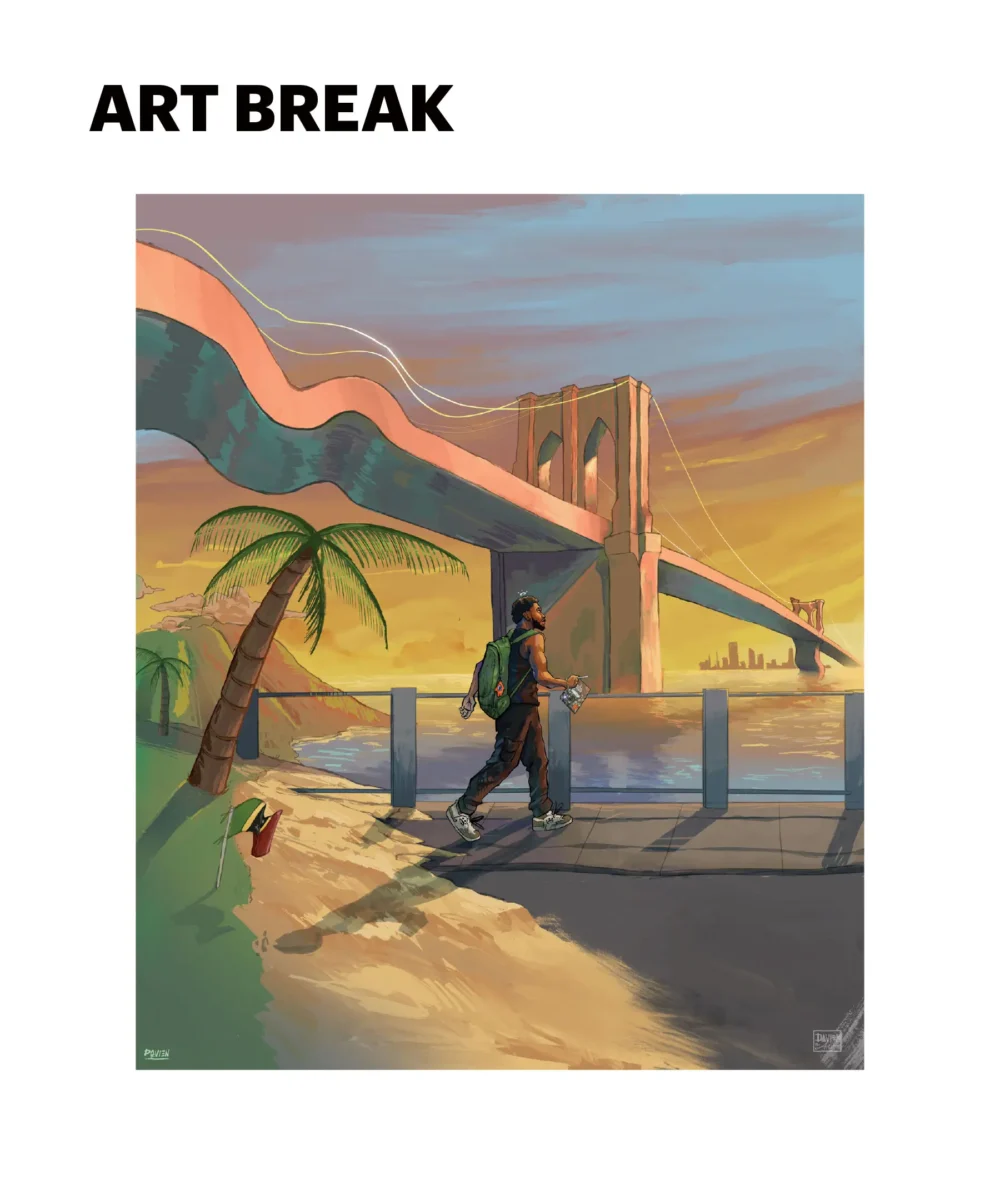 Illustration of Black man with backpack walking towards Brooklyn Bridge with palm tree and sand in foreground 