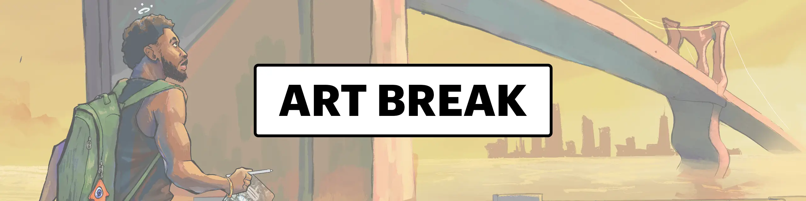 Illustration of man walking with backpack toward Brooklyn Bridge and header text: Art Break